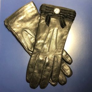 Vintage COACH Embellished Black Leather Gloves with Suede and Velvet Ribbon